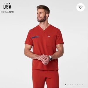 FIGS Men’s Team USA Red V-Neck Scrub Top and Relaxed Fit Scrub Pants